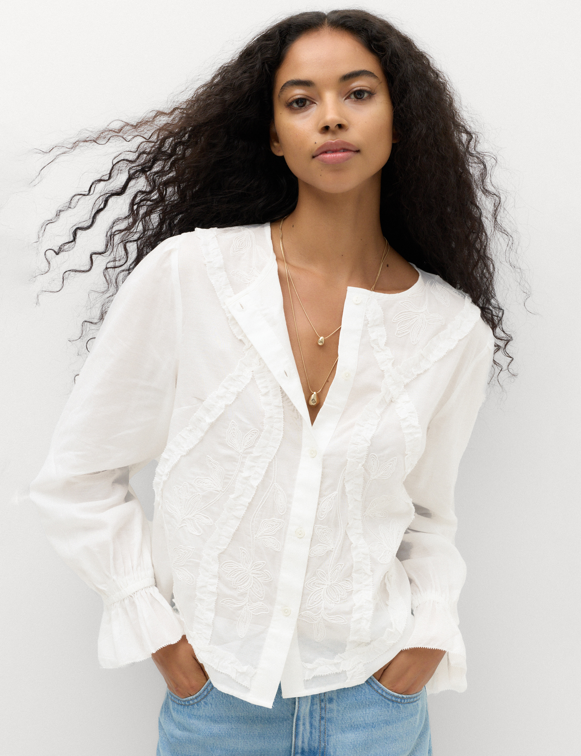 Cotton Rich Embroidered Ruffle Detail Top